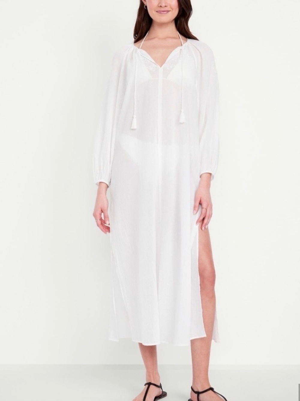 Old Navy White Sheer Long-Sleeve Swim Cover-Up with Side Slit